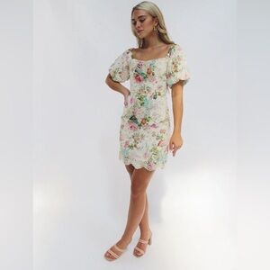 FORE White Lace Floral Print Mini Dress Puff Sleeves L